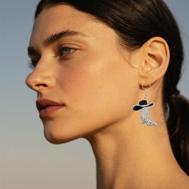 Boho Western Outfit Cowgirl Earrings For Women Cowboy Hat Boots Jewelry Accessories Rhinestone Western Boots Earrings Gift for Women-Black-Silver