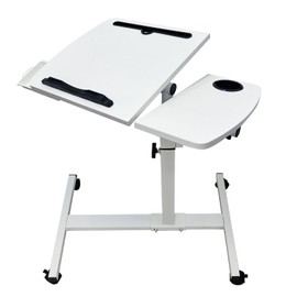 KUKKUME Overbed Table Height Adjustable Bedside Table Hospital Bed Table with 2 Tilting Desktops Mobile Laptop Desk with 2 Tilting Desktops,Cup Holde,Drawer for Office, Home and Hospital (White)