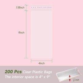 Yeaban 4”x9“ Cookie Bags – 200 Pack, Clear Self-Sealing Cellophane Bags, Resealable Treat Bags for Candy Snack Cookies Baked Food and Party Favors