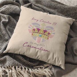SmartyPants Heart and Crown King Charles III Natural Cushion - Royal Coronation His Majesty The King Classic Celebration Commemorative Memorabilia Home Decor Furnishing (Cover+Filling)