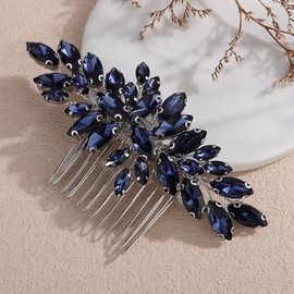 Teyglen Ink Blue Crystal Bride Wedding Hair Comb Simple Full Rhinestone Hair Piece for Bride Side Hair Comb Sparkly Hair Accessories for Women Wedding Headpiece(Ink blue)