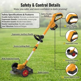 Cordless Weed Wacker with Wheels, 5-in-1 Electric String Trimmer, Battery Powered Weed Eater with 2 Batteries, Foldable Height Adjustable Lightweight Edger Lawn Tool for Garden Yard Lawn Care