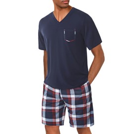 Uniexcosm Mens Pyjamas Set Short Sleeve, Summer Pyjamas for Men Short PJs Sets Top & Plaid Pants with Pockets Men's Nightwear Sleepwear Loungewear Sets for Casual Home Blue