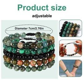 5pcs Semi-Precious Gemstones Bracelets, 8mm Round Bead Adjustable Beaded Crystal Stone Stretch Bracelets Elastic Stylish Jewelry Set for Women and Men for Meditation Yoga(5 Styles)