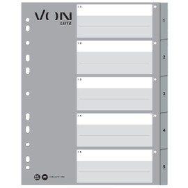 VON Leitz Pack of 10 A4 Number Indexes, 1-5 Numbered Dividers for Folders, Polypropylene, Extra Wide, 11-Hole Universal Index for Loose Leaf Folders and Ring Binders, Grey, 12590085
