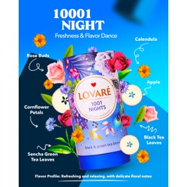 LOVARE 1001 Nights Loose Leaf Tea 80 g - Made in Ukraine - Black and Green Tea, Apple, Cornflower, Calendula, Rose, Safflower Petals, Rosebuds - Gift Box with 15 Paper Filters