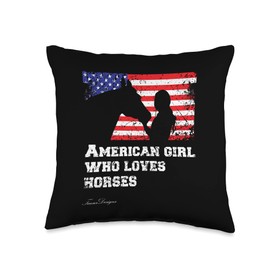 Frieser Designs Vintage USA Flag America Girl who Loves Horses 4th July Throw Pillow, 16x16, Multicolor