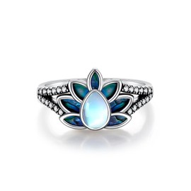 DAYLINLOVE Lotus Ring 925 Sterling Silver Moonstone Abalone Shell Lotus Flower Ring Inspirational Flowers Yoga Jewellery Anniversary Gift for Women Girls Women Mother Lotus Lovers, Precious metal, No