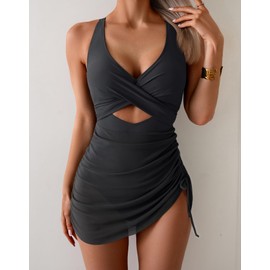 B2prity Women Mesh One Piece Swimdress Swimsuit Tummy Control V Neck Cutout Bathing Suit Wrap Drawstring Sarong Swimwear Black