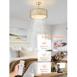 MizWacky 20" Gold Fandelier Ceiling Fan with Light, Gold Chandelier Ceiling Fans with Lights Remote Control, Caged with 6 Speeds for Bedroom, Living Room, Nursery