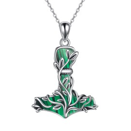 Thor Hammer Necklace Sterling Silver Mjolnir Tree of Life Pendant with Malachite Viking Jewelry Gifts for Women