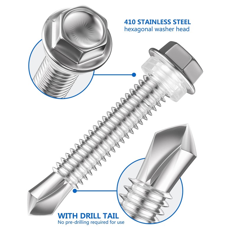 Wensilon (50Pcs)#14×7" Hex Washer Head Self Drilling Screws, 410 Stainless