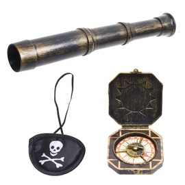 Cosplay Telescope and Compass Prop with Pirate Themed Eye Patch - Antique Retro Party Supply Accessory Decor - Vintage Treasure Spyglass Sundial Ship Captain Eye Patch for Themed Events Stage Plays