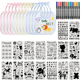 FloraVigo Pack of 12 Baby Bibs for Bem with 16 Drawing Templates, 12 Textile Pens, Baby Shower Decoration Game, Waterproof Bibs for Babies, Boys and Girls, Baby Shower, Animal Painting Templates