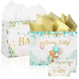Paquete de 2 bolsas de regalo de bebé medianas, papel para baby shower, bolsas de ducha reutilizables de regalo para bebé con papel de seda y tarjeta de felicitación para niños y niñas (blanco y verde