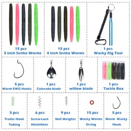 Bombrooster Rubber Worms Senkos 4" 5" Salt Impreatation Soft Plastic Lures Kit Bass Fishing with Hook,Blade,Lock