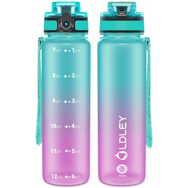 OLDLEY 32 oz Water Bottle, Motivational Water Bottle with Time Marker, Sports Water Bottle With Strap, Leakproof & BPA Free Large Water Bottles for School, Gym, Travel,Tritan,Green&Purple