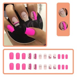 Valentine's Day Press on Nails Medium Square Matte Black Pink Heart Fake Nails Full Cover with Black Love Design Glossy Glue on Nails Artificial False Nails Stick on Nails Acrylic Nails for Women