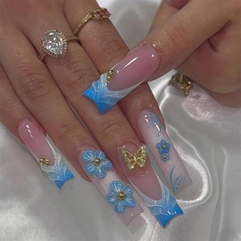 BABALAL Press on Nails Long Square Fake Nails Blue French Tip Glue ons 3D Texture Water Ripple Handmade Design with Butterfly Charm Supplies Art 24Pcs XL Full Cover Acrylic False Nails