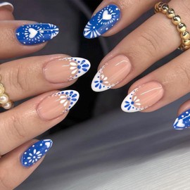 Blue White Totem Press on Nails French Tip Fake Nails Short Almond False Nails with Design Heart Glue on Nails Glossy Blue Artificial Acrylic Full Cover Nude Stick on Nails for Women Manicure 24Pcs