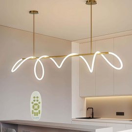 Huilefu Modern LED Linear Chandelier with Remote Control, Dimmable Adjustable Hanging Light for Kitchen Island, Dining Room, Bar - Gold Finish, 47.2" Length, 3000K-6500K Color Temperature