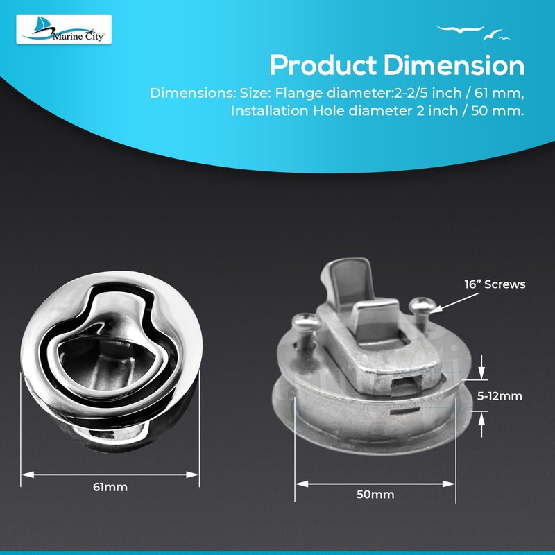 MARINE CITY Round Flush Pull Slam Latch, 316 Stainless Steel,