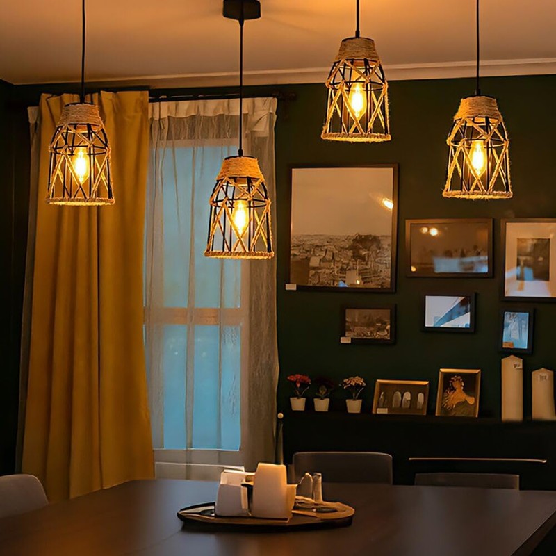 3 Pack Industrial Hemp Rope Pendant Lamp Shade, Small Vintage