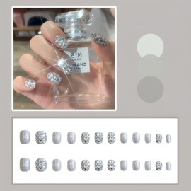 Rchovsam Full Diamond Press on Nails Short Square Fake Nails Silver Glitter Design False Nails Full Cover Press Ons for Womens 24pcs