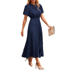 PRETTYGARDEN Summer Long Dresses for Women Puff Short Sleeve V Neck Swiss Dot Pleated A Line Casual Flowy Party Midi Dress (Navy,Large)