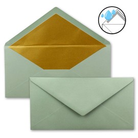 50 envelopes DIN long - Eucalyptus (green) with gold metallic inner lining - 110 x 220 mm - wet glue - festive envelopes for Christmas