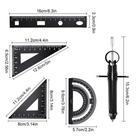 YAANBUNB Geometry Set of 6 Aluminium Alloy Rulers Protractor Compass Mathematical Tool Protractor Drawing Including Eraser for Students Teachers Architects Engineers