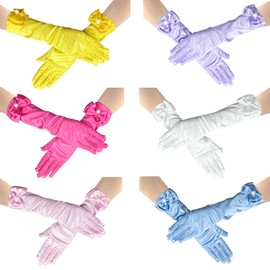6 Pairs Little Girls Gloves, Satin Gloves for Princess Costume or Wedding, Formal Bows Glove for Age 3-8