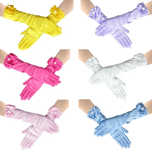 6 Pairs Little Girls Gloves, Satin Gloves for Princess Costume