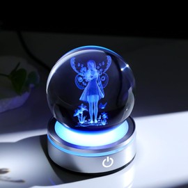 Arikyrist 3.15in. 3D Fairy Crystal Ball Gifts for Women Men, K9 Crystal Decorative Ball Engraved Fairy Figurine Paperweight with LED Light Base for Home Office Decoration for Birthday Christmas