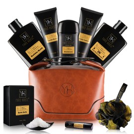YARD HOUSE Bath and Body Gift Set for Men - Sandalwood Amber - Birthday, Christmas, Fathers Day Gifts From Wife Daughter Son for Husband, Dad - Relax Spa Kit w. Full Size Items in Deluxe Toiletry Bag