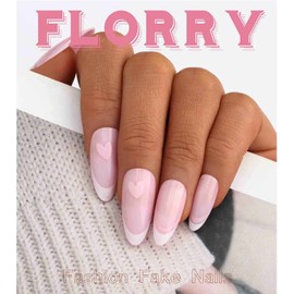 Florry Valentine’s Day Press on Nails Short Fake Nails with Heart Pink Nails for Women Almond False Nails for Valentine Holiday Gift 24Pcs (White Mixed Heart)