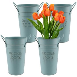 MOUYAT 4 Pack 10 Inch Vintage Metal Galvanized Flower Vase, Tall Galvanized Metal Planter Bucket with Handles, Farmhouse French Bucket for Centerpiece Wedding Decor, Floral Arrangements, Blue