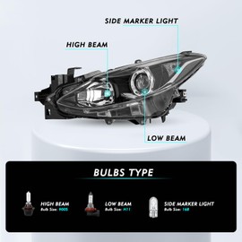 TUSDAR Headlights Assembly Fit 2014-2016 Mazda 3 BM Halogen Projector Headlamp Black Housing Clear Reflector