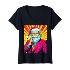 Womens Pop Art Santa Claus in Business Suit V-Neck T-Shirt