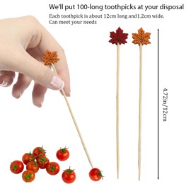 100PCS Bamboo skewers Cocktail Sticks, Maple Leaf Design, 12cm Cocktail Picks for Party Decorations, Food Skewers for Beverages and Appetizers
