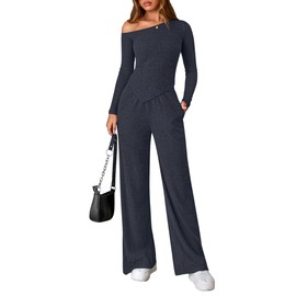 PRETTYGARDEN Fall Two Piece Sets For Women 2025 Off Shoulder Tops Long Pants Knit Matching Lounge Set Airport Travel Outfits(Navy,Large)
