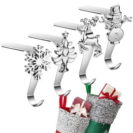 Hysagtek Christmas Stocking Holders 4Pcs Stocking Hangers for Fireplace Silver Metal Stockings Hangers Snowflake Reindeer Snowman Christmas Tree Thicken Mantel Hooks Hanger for Christmas Decoration