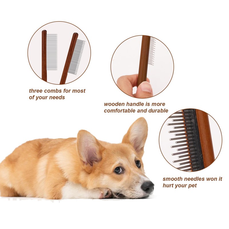 2pcs Solid Wood Grooming Combs with Wide & Narrow Rounded-Tip