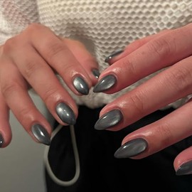 Kqueenest Uñas Postizas De Acrílico Con Purpurina Y Color Negro Ceniza, Cortas Y Brillantes, Con Forma De Almendra, Estilo Ojo De Gato, Para Mujer, Co