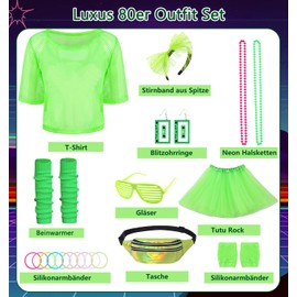 80s 90s Outfit Women's Accessory Set Mesh Shirt with Tutu Headband Earring Necklace 80s Neon Costume Party Outfit Mesh Top Women's 80s Clothing for Carnival Fancy Dress Women Girls (Green) C036