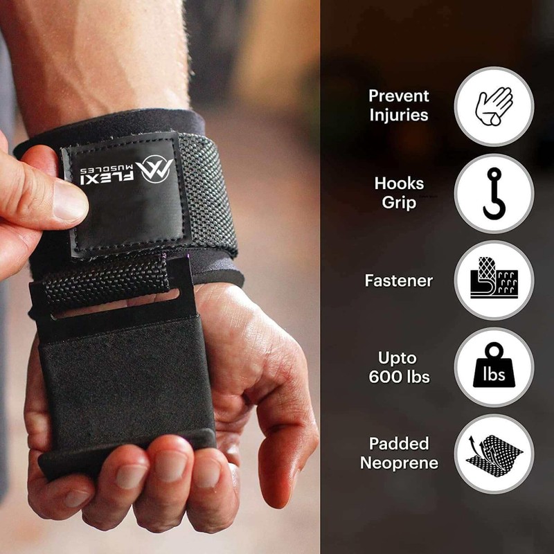 Flexi Muscles Weight Lifting Hooks (Pair) - Heavy-Duty Wrist Straps