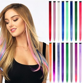 EuTengHao Colored Clip in Hair Extensions 22'' Colorful Straight Hair Extensions Clip on for Women and Kids Multi-Colors Party Highlights Streak Synthetic Hairpieces (16 Colors Set)