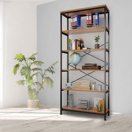 5 Tier Industrial Bookshelf, Vintage Standing Storage Shelf, Display Shelving Units, Tall Bookcase, Industrial Metal Book Shelves for Living Room Bedroom and Home Office