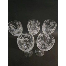 IncisoArt Hand Etched Italian Crystal Goblet Sandblasted Wine Glass 11.5oz Aquatic Animal
