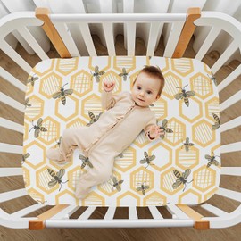 KICPOAY Fitted Crib Sheets Bees Honeybee Geometry Stretchy Portable Playard Sheets for Baby Toddler, Breathable Soft Mini Crib Mattress 52 x 28 in for Boys and Girls